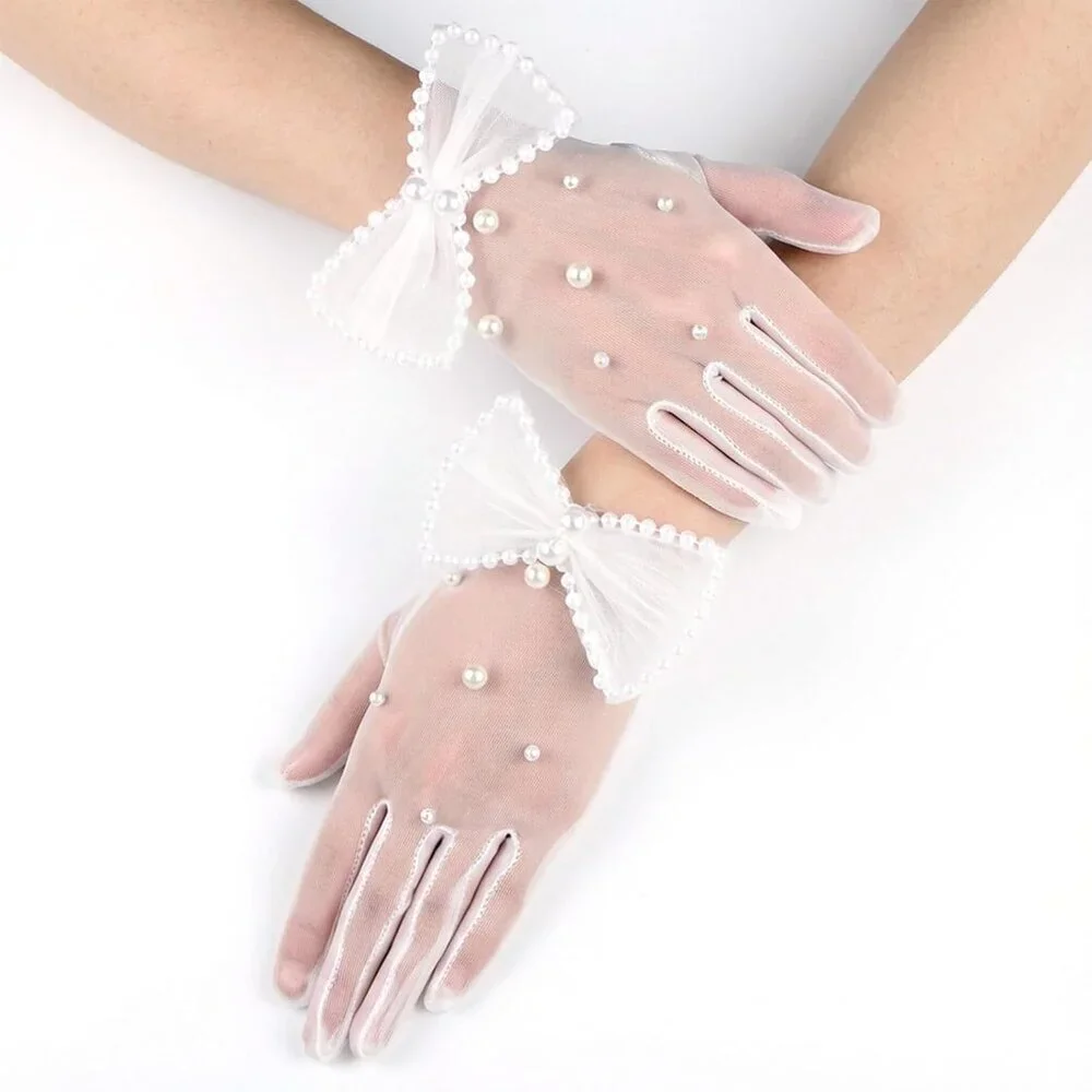 Women's Tulle Mesh Short Pearl Bow White Gloves Wedding Party Tea Accessories